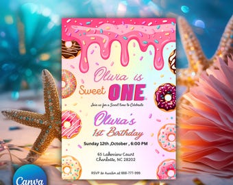 Editable Donut Sweet One Invitation, Donut 1st Birthday Party Invite for Girl, Pink Pastel Donut Birthday, Canva Template, Digital Download