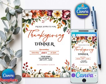Convite editável para jantar de Ação de Graças, modelo de convite para jantar de Ação de Graças com amigos, Ação de Graças, convite digital editável para o Dia de Ação de Graças