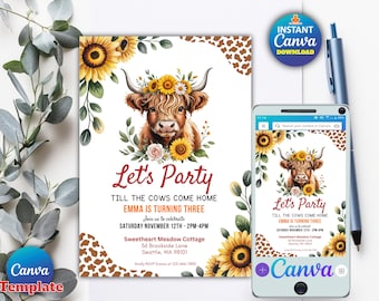 Editable Sunflower Cow Birthday Invitation | Highland Cow Party Template | Floral Farm Theme Invite | Instant Download | Canva Template