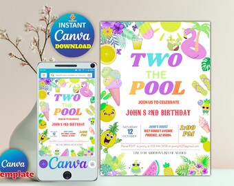 Editable Two the Pool 2nd Birthday Invitation Girl Pool Party, Splish Splash Birthday Invite Template, Instant Download, Canva Editable