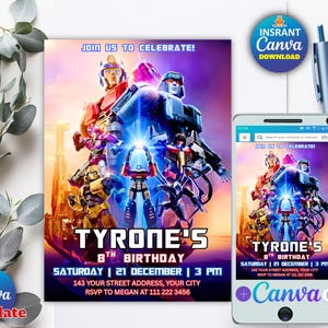 Invitación de cumpleaños editable de Rescue Bots, invitación de Bumblebee, fiesta de Transformers One, invitación de Optimus Prime, invitación de fiesta de Autobots
