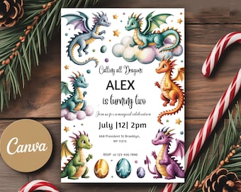 Invitation d'anniversaire de dragon, invitation de dragon, quatrième invitation de fête, téléchargement numérique, invitation d'anniversaire de dragon, fête magique