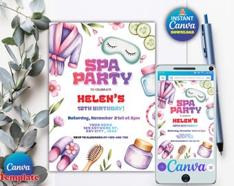Spa Birthday Party Invitation, Editable Canva Template, Self-Care Theme Birthday, Printable Girls Spa Invite, Instant Download
