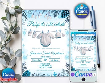 Könnte beinhalten: Babyparty-Einladung mit Winterthema. Die Einladung enthält den Text "Baby it's cold outside" und Illustrationen von Babykleidung, die an einer Wäscheleine hängen. Die Einladung befindet sich auf einem Smartphone und einer gedruckten Karte.