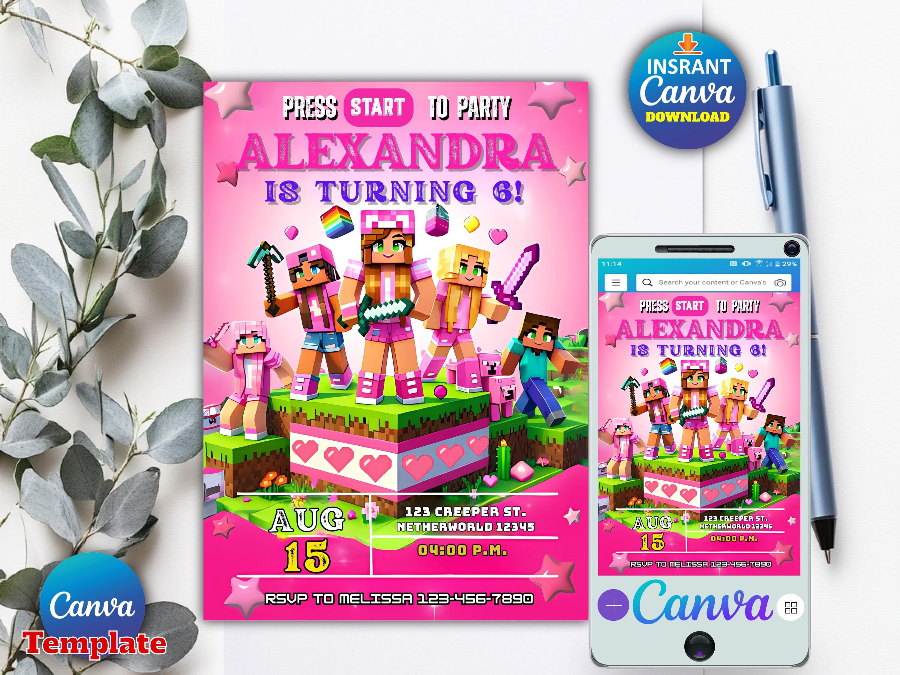 Girl Minecrafter Birthday Invite