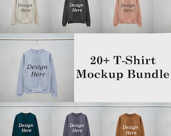 May include: A mockup bundle of sweatshirts in various colors, including beige, charcoal, and peach, hanging on a metal rod. Each sweatshirt has the text "Design Here" printed on the front. The image also includes a white background with the text "20+ T-Shirt Mockup Bundle."