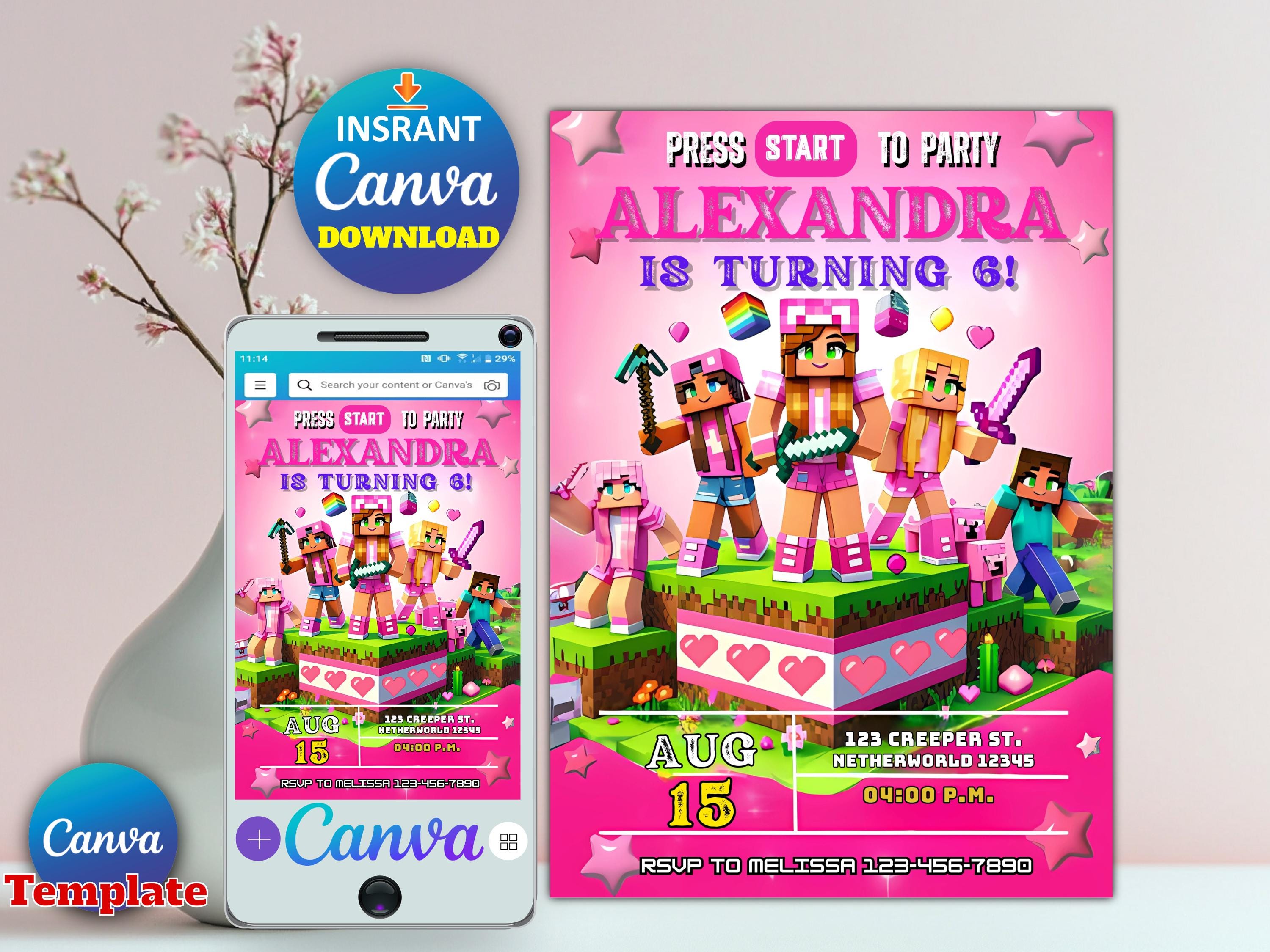 Girl Minecrafter Birthday Invite
