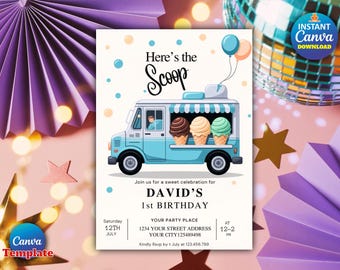 Invitación de cumpleaños editable con temática de camión de helados, invitación para fiesta de helados de verano, plantilla Canva para cumpleaños infantiles, descarga digital, acceso instantáneo