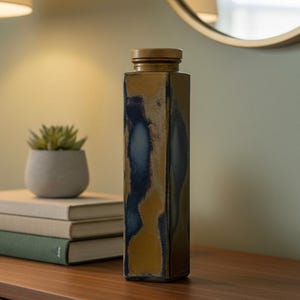 May include: A rectangular ceramic vase with a brown and blue glaze sits on a wooden surface. The vase has a square shape with a rounded top. A small succulent in a gray pot and a stack of books are also on the surface.