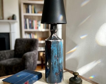 Hand-Painted Distressed Bottle Lamp w/LED Topper- Blue Dark