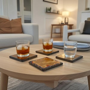May include: A round wooden coffee table with four square coasters. Each coaster has a dark border and a textured, amber-colored center. Three glasses contain beverages, including ice and water.