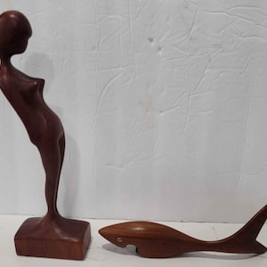 Arne Basse Vintage Danish Teak Mid Century Statue and MCM Teak Shark Opener