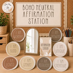 May include: A collection of circular cards with neutral tones featuring affirmations like I AM WORTHY, I AM KIND, I AM LOVED, I AM SMART, I AM RESILIENT, I AM CREATIVE, I AM UNIQUE, and I AM GROWING, alongside an arched mirror and a sign labeled AFFIRMATION STATION.