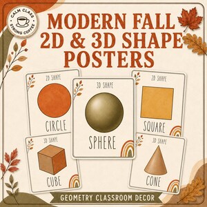 Puede incluir: Un conjunto de pósteres educativos titulados Modern Fall 2D & 3D Shape Posters con ilustraciones de un círculo, esfera, cuadrado, cubo y cono. Cada tarjeta muestra el nombre y tipo de forma con detalles de hojas otoñales y arcos iris.