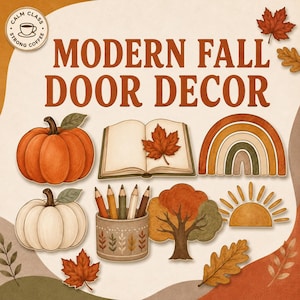 以下が含まれることがあります： MODERN FALL DOOR DECORというタイトルのデジタルグラフィック。オレンジ色のカボチャ、白いカボチャ、カエデの葉が乗った開いた本、虹、ペン立て、木、太陽、そして暖色系の秋の葉のイラストが描かれています。