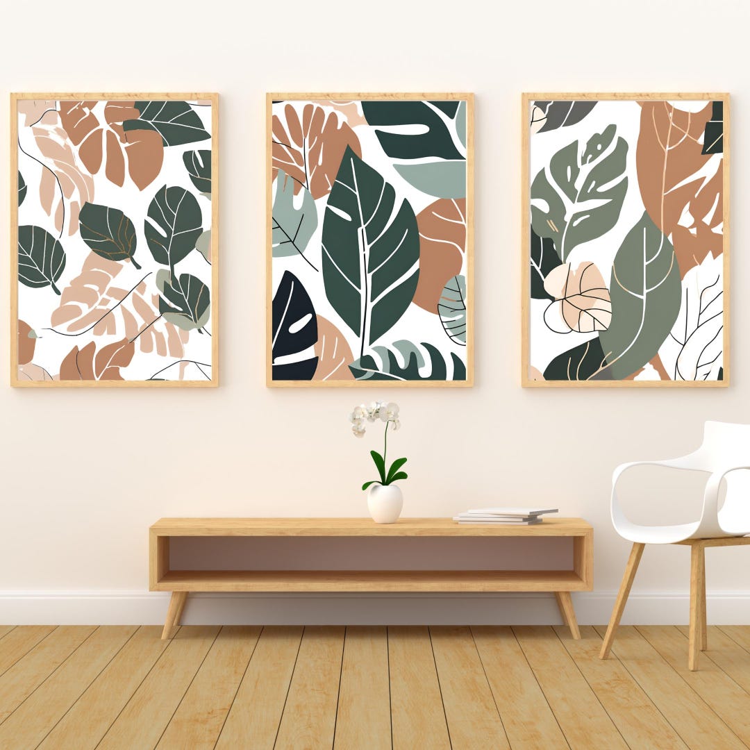 Minimalist Botanical Line Art Set of 3 Prints – Neutral Beige and Green ...