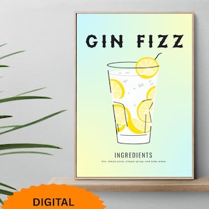 Gin Fizz Cocktail Poster, Zitronengetränk Wandkunst, Moderne Küchendekoration, Frische Sommergetränkedruck, Barwagenkunst, Trinkrezeptdruck