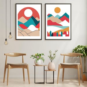 Juego de 6 láminas de arte mural abstracto moderno: peces koi coloridos, paisajes geométricos, pájaro arcoíris y pósteres de jarrones florales llamativos.