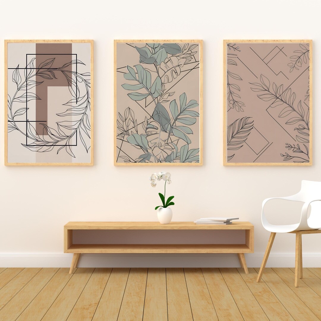 Minimalist Botanical Line Art Set of 3 Prints – Neutral Beige and Green ...