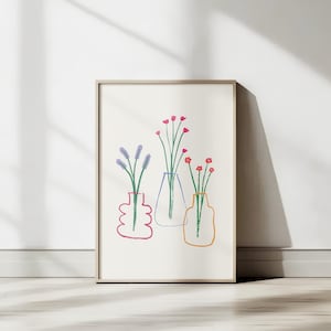 Colorful Vase Wall Art Printable – Modern Minimalist Flower Illustration, Digital Download, Abstract Botanical Line Art for Home Decor