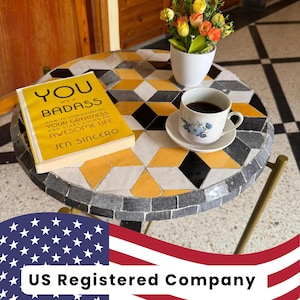 Moroccan Mosaic Table, Handmade Luxurious Coffee Table Royal Yellow & Gray Mosaic, table Timeless Geometric Beauty with Intricate Patterns