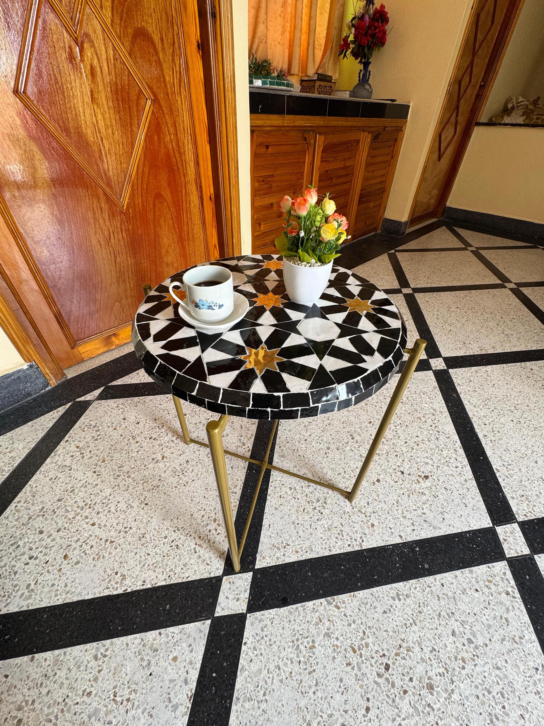 Handmade Moroccan Mosaic Table, Black and Gold, Geometric Coffee