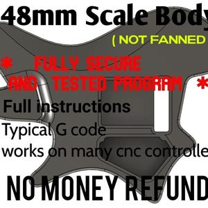 Pode incluir: Um contorno de corpo de guitarra cinza escuro, com 64,8 cm de comprimento, com o texto "648mm Scale Body" e texto adicional, incluindo "Fully Secure and Tested Program". O design inclui recortes e o texto "No Money Refund".