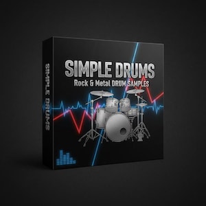 May include: A black box with the words "SIMPLE DRUMS" in silver lettering. Below, it reads "Rock & Metal DRUM SAMPLES." A drum kit illustration is centered, with red and blue wave graphics. The left side of the box also reads "SIMPLE DRUMS."