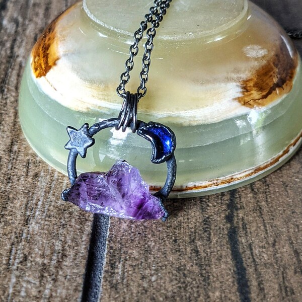 Electroformed Amethyst and Sapphire Mountain Necklace, Crystal Necklace, Crystal Mountain Necklace, Crystal Moon, Sapphire Moon