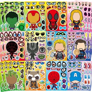 36 Pieces Make-a-face Stickers Pack, Mixed & Matched with 9 Heroes Characters(4 of Each) Stickers
