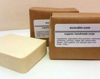 Ecocalm 10% Schwefel / Salicylsäure Seife, handgefertigt in Großbritannien. Kann Akne, Psoriasis, Dermatitis, Rosacea und Ekzem-Symptome unterstützen. 120g. +