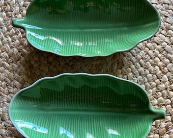 Vintage Green Ceramic Banana Leaf Dishes: Set of Two Mid-Century Modern | Boho Coastal decor