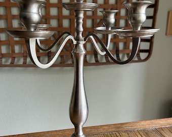 Pier 1-Five Arm Candelabra – Brushed Nickel Candle Holder – Classic Table Centerpiece – Minimalist Silver Candelabra – Dining Decor