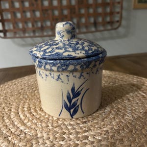 Vintage Blue Spongeware Crock: Hand-Painted Wheat Design, RRP Co. Roseville, Ohio