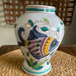Vintage Hand-Painted Chinese 10&quot; Porcelain Vase Ginger Jar | Coastal/Chinoiserie Fish & Leaf Design | Stamped WBI