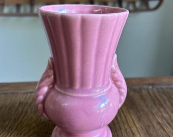 1940s McCoy Style Pink Ceramic Vase, Feather Handles | Retro Chic