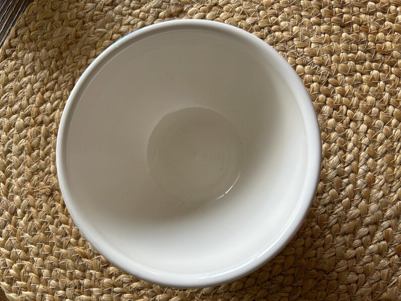 May include: A white ceramic bowl with a rounded shape. The bowl is empty and sits on a woven, tan-colored mat. The bowl's interior is smooth and reflective, contrasting with the textured background.