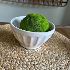 May include: A white, iridescent ceramic bowl with a fluted design, filled with a vibrant green moss ball. The bowl sits on a woven jute placemat, with a decorative wooden basket in the background.