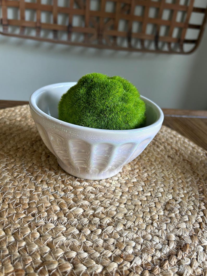 May include: A white, iridescent ceramic bowl with a fluted design, filled with a vibrant green moss ball. The bowl sits on a woven jute placemat, with a decorative wooden basket in the background.