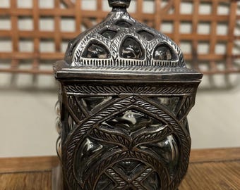 Vintage Bubble Glass Lidded Jar | 7.5” Tall with Silver Tone Lid | Hollywood Regency Decor | Made in India