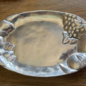 Vintage Oval Pewter or Heavy Aluminum Serving Tray Platter-Featuring Embossed Fruit Motif-14.5”-Made in Mexico