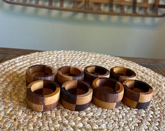 Vintage Mid-Century Segmented Wood Napkin Rings | Set of 8 | Danish Modern Hardwood Table Decor