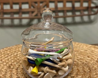 Vintage Wooden Golf Tees Collection in Small Apothecary Jar | Golf Decor | Man Cave Shelf Styling | Golfer Gift
