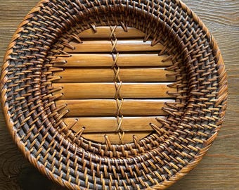 Pair of Handwoven Rattan Bamboo Charger Plates | 12 Inch | Rustic Coastal Boho Table Decor