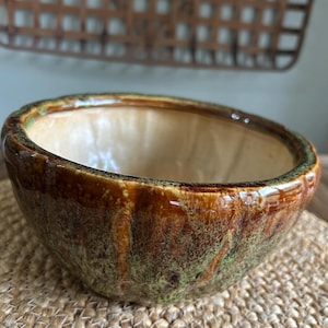 Earthtoned Green and Brown Pottery Bowl | MCM Planter | Rustic Farmhouse Boho Decor