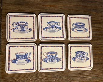 Pimpernel Coasters Set of 6 Cork Back | Blue White Teacup Coasters | Vintage English Cottage Decor | Chinoiserie Style