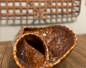 Vintage Sculptural Studio Pottery Catchall Bowl – Tenmoku Oil Spot Glaze – Signed Mid Century Stoneware