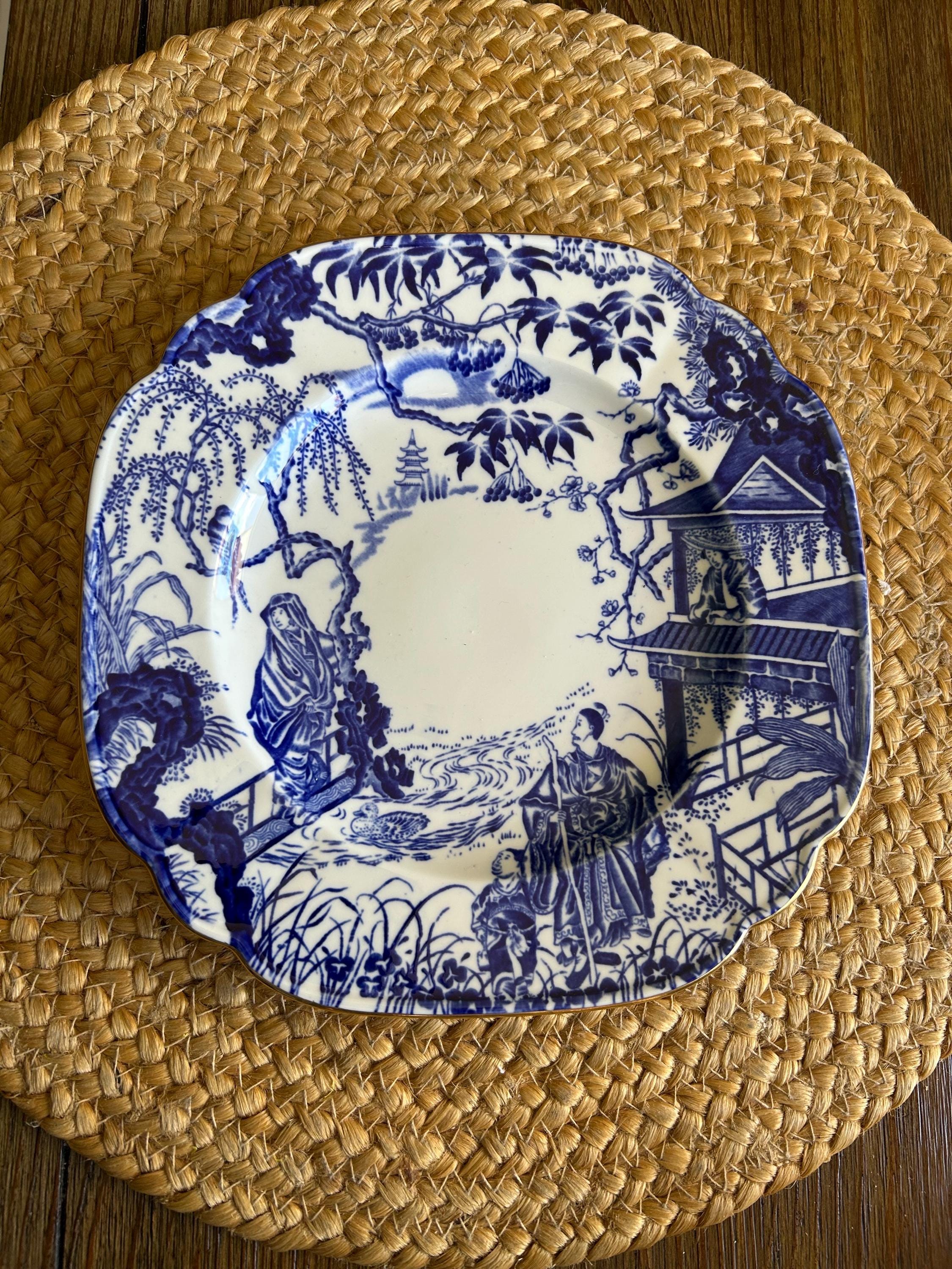 Vintage Royal Crown Derby Mikado Blue and White Plate, Square Edge