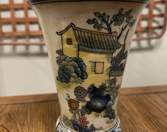Vintage Chinoiserie Porcelain Vase with Pedestal Base | Hand Painted Asian Landscape | Elegant Blue & Green Scenic Motif