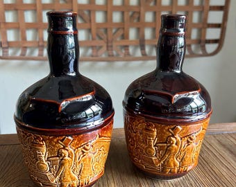 Vintage 1963 Four Roses Train Decanter Set of 2 | Mid Century Amber Glass Locomotive Whiskey Bottles | Bas Relief Barware Pair